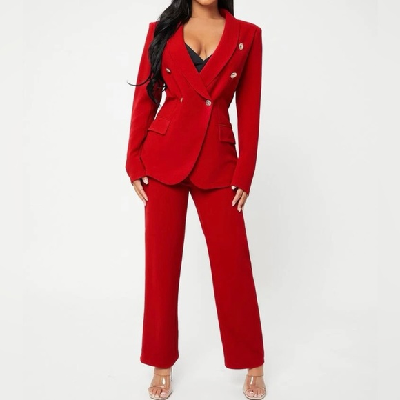 SHEIN Red Suit 👠 Shawl Collar Button Detail Blazer & Pants 6 Medium - Picture 1 of 6
